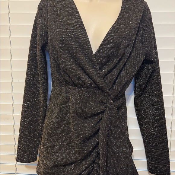 Blashe Black Metallic Shimmer Wrap Mini Dress Size M | Long Sleeve - Picture 2 of 14